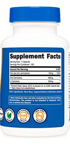 Nutricost Zinc Carnosine 86mg, 120 Cápsulas - Não Ogm, Sem - Imagem 3
