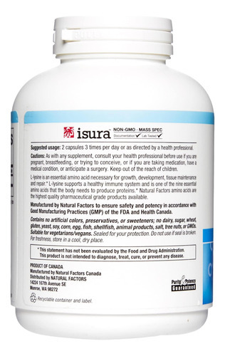 Fatores Naturais, L-lisina 500 Mg, 180 Cápsulas Vegetarianas - Imagem 3