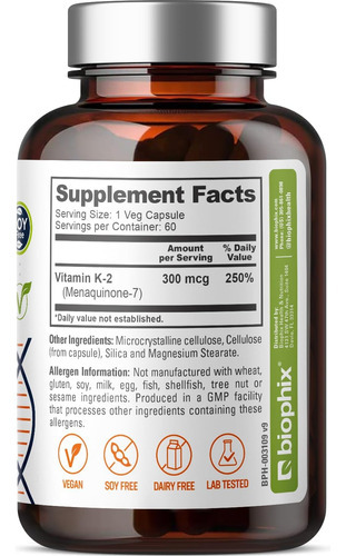 Biophix Vitamina K2 Mk-7-300 Mcg 60 Vcaps - Alta Potência Ap - Imagem 2