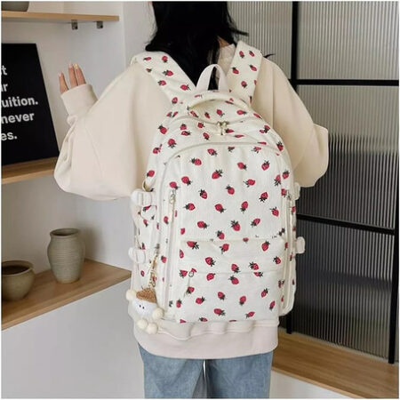 Novo Mochila De Veludo Cotelê E Morango 2024, Linda Mochila - Imagem 2
