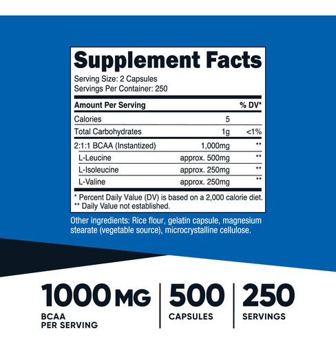 Suplemento Nutricost Baca Em Cápsulas 2:1:1 500 Mg 500 Cápsu - Imagem 2