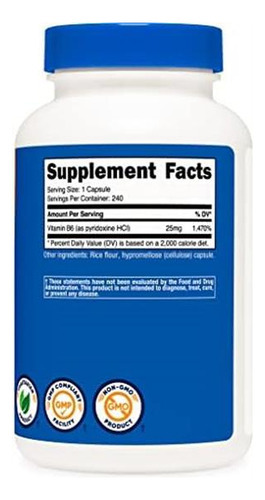 Nutricost Vitamina B6 (piridoxina Hcl) 25mg, 240 Cápsulas - - Imagem 4