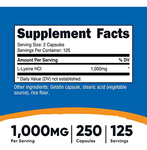 Suplemento Nutricost L-lisina 1000 Mg 250 Cápsulas Sem Glúte - Imagem 2