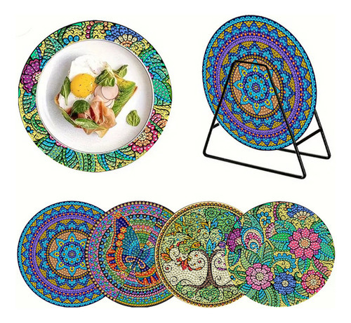P35e 4peças Mesa Madeira Com Mandala Pintura De Diamante