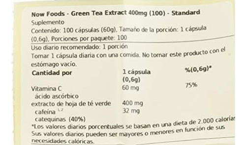 Now Foods Extrato De Chá Verde 400mg 60% Cápsulas, 100 Ct - Imagem 4