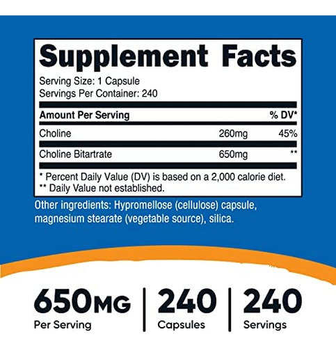 Bitartarato De Colina Nutricost 650mg, 240 Cápsulas Vegetar - Imagem 3