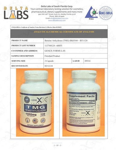 Suplemento Genex Tmg 1000mg Betaína Anidra 120 Cápsulas - Imagem 2