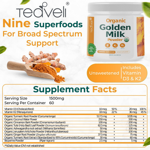 Leite Em Pó Dourado Orgânico Com Vitaminas D3 E K2, Cúrcuma, - Imagem 6
