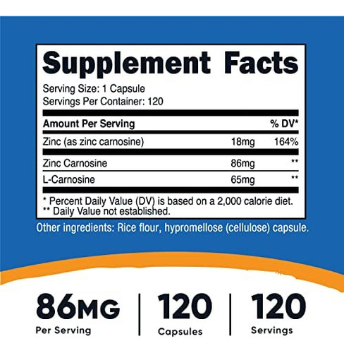 Nutricost Zinc Carnosine 86mg, 120 Cápsulas - Não Ogm, Sem - Imagem 2