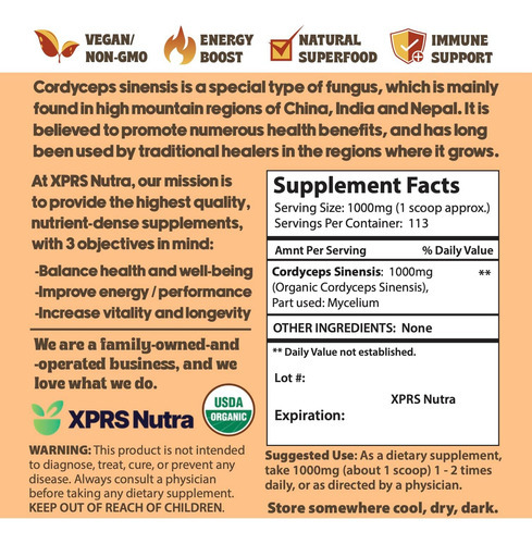 Xprs Nutra Cogumelo Cordyceps Orgânico Em Pó - Cogumelos Cor - Imagem 2