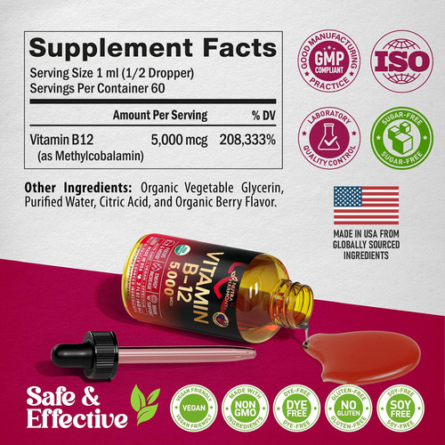 Gotas Sublinguais De Vitamina B12 Orgânica Usda - 5000 Mcg M - Imagem 6