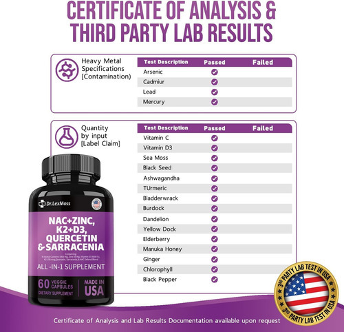 Suplemento Nac N-acetil Cisteína 1000mg Vitamina D3 K2 Zinco - Imagem 3