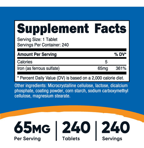 Suplemento Nutricost Sulfato Ferroso De Ferro 65mg 240 Compr - Imagem 3