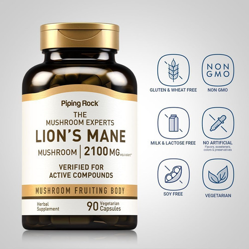 Cápsulas De Suplemento Piping Rock Lions Mane | 2100mg | 90 - Imagem 3