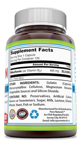 Pure Naturals Riboflavina 400 Mg 120 Cápsulas