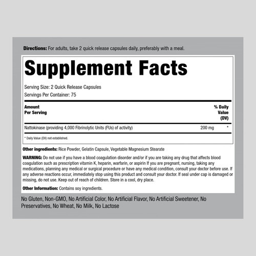 Suplemento Piping Rock Nattokinase 4000 Fu | 200mg | 150 Cáp