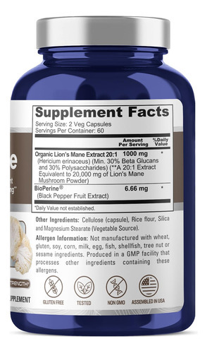 Suplemento De Extrato De Crina De Leão Nusapure 20.000 Mg 12 - Imagem 2
