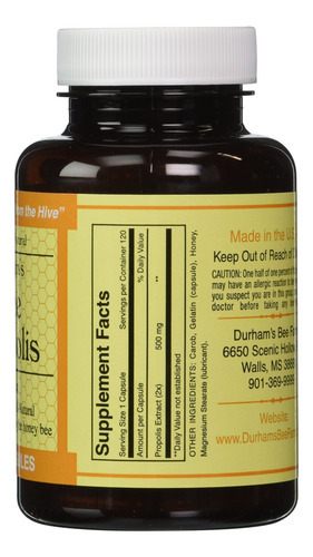 Suplemento Durham"s Bee Propolis 500mg 120 Cápsulas - Imagem 2