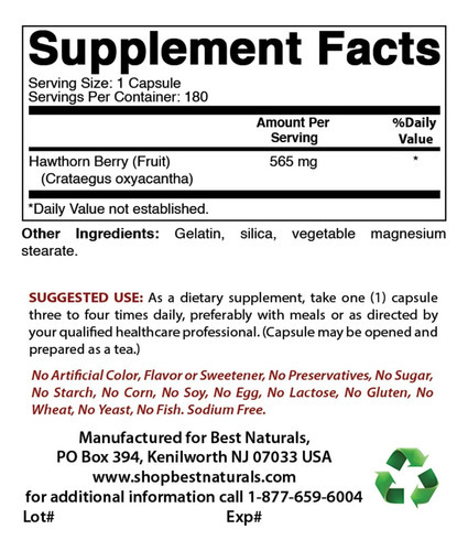 Best Naturals Hawthorn Berry 565 Mg 180 Cápsulas (180 Unidad - Imagem 2