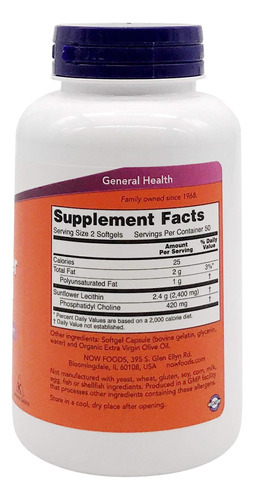 Now Foods Lecitina De Girassol 1200mg, 100 Contagem - Imagem 2