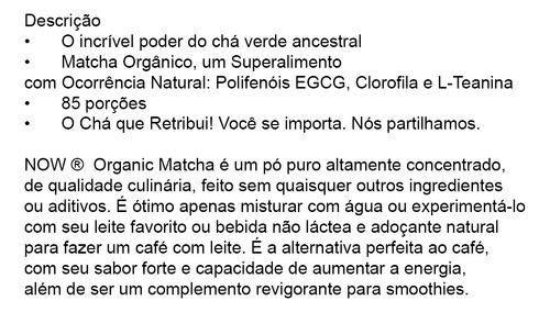 Chá Verde Matcha Em Pó Now Foods 85g Orgânico Importado - Imagem 3