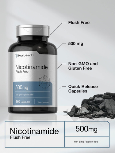 Suplemento Horbaach Flush Free Nicotinamida 500 Mg 180 Cápsu - Imagem 3