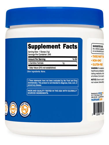Suplemento Nutricost Tartarato De L-carnitina 1000 Mg 120 Cá - Imagem 7