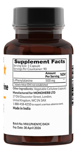 Monoherb L-fenilalanina 500 Mg Por Cápsula - 90 Cápsulas Veg