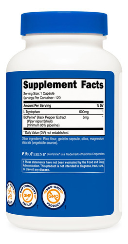 Suplemento Nutricost L-triptofano 500 Mg 120 Cápsulas - Imagem 5