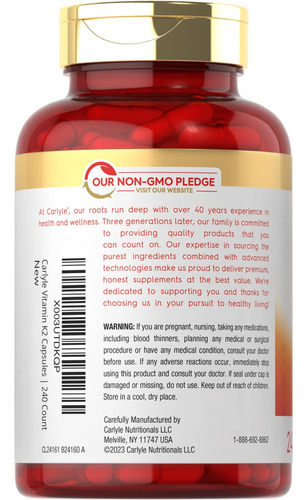 Suplemento Carlyle Vitamin K2 100mcg Mk-4 240 Cápsulas - Imagem 3