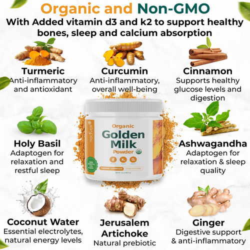 Leite Em Pó Dourado Orgânico Com Vitaminas D3 E K2, Cúrcuma, - Imagem 2