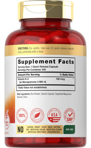 Suplemento Carlyle Vitamin K2 100mcg Mk-4 240 Cápsulas - Imagem 2