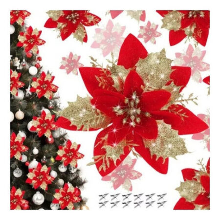 30 Peças De Flores De Natal Artificiais Douradas Brilhantes - Imagem 15