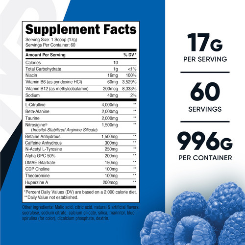 Pó Pré-treino Nutricost Pre-x Xtreme Blue Raspberry 60s - Imagem 3