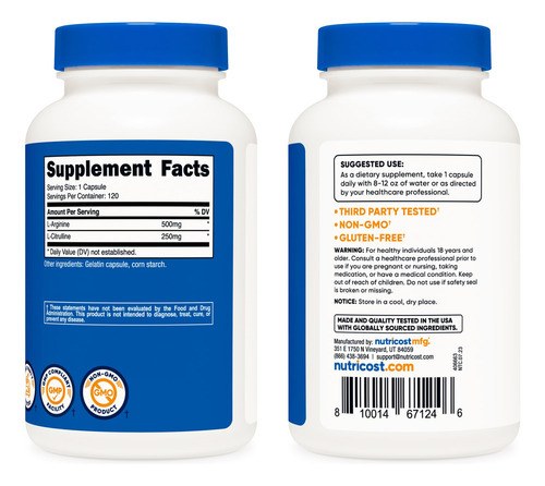 Suplemento Nutricost L-arginina L-citrulina 750 Mg 120 Cápsu - Imagem 7
