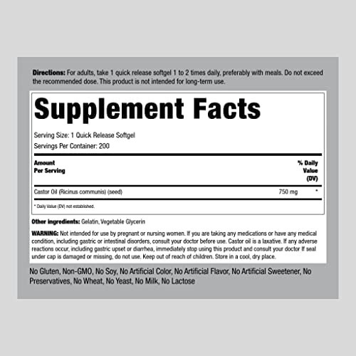 Suplemento De Óleo De Rícino Piping Rock 750mg | 200 Cápsul - Imagem 2