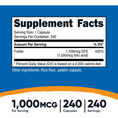 Suplemento Nutricost Ácido Fólico (vitamina B9) 1000mcg 240 - Imagem 2