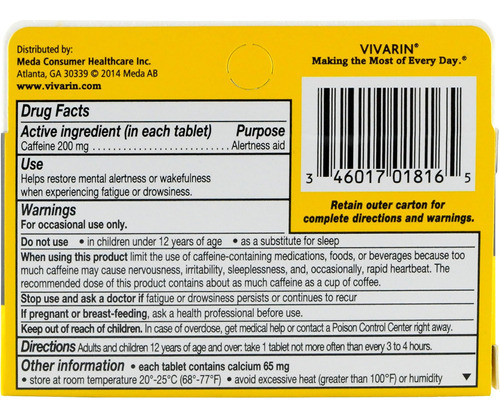 Auxílio De Alerta De Cafeína Vivarina, Comprimidos De 200 Mg - Imagem 4