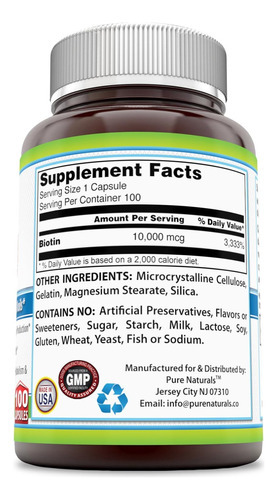 Pure Naturals Biotina 10.000 Mcg, 100 Cápsulas - Suporta Pel - Imagem 2