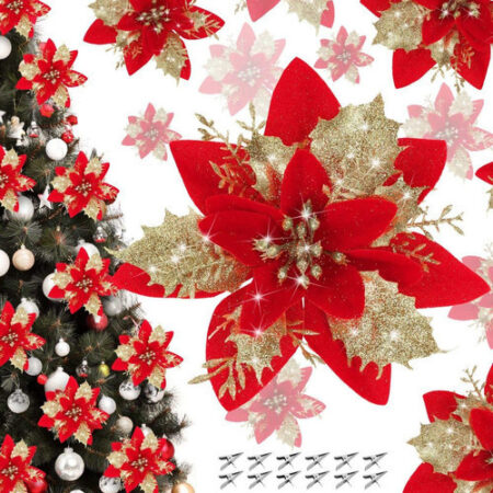 30 Peças De Flores De Natal Artificiais Douradas Brilhantes - Imagem 6