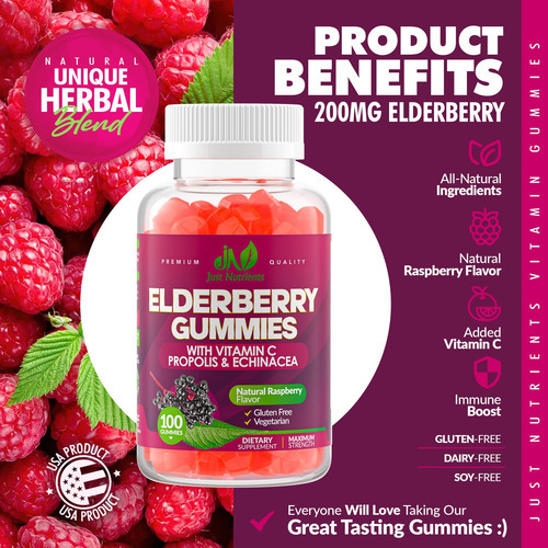 Suplemento Just Nutrients Elderberry Sambucus Gummies 100ct - Imagem 3