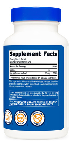 Suplemento Nutricost Sulfato Ferroso De Ferro 65mg 240 Compr - Imagem 6