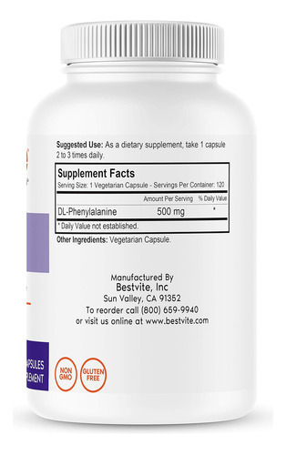Bestvite Dl-fenilalanina 500 Mg (120 Cápsulas Vegetarianas)