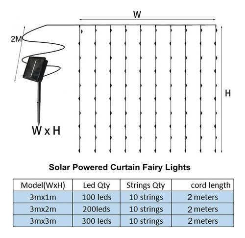 Lâmpada Solar De 3mx3m 300leds Luzes De Cortina Impermeáveis — foto 5 Lâmpada Solar De 3mx3m 300leds Luzes De Cortina Impermeáveis - Imagem 5