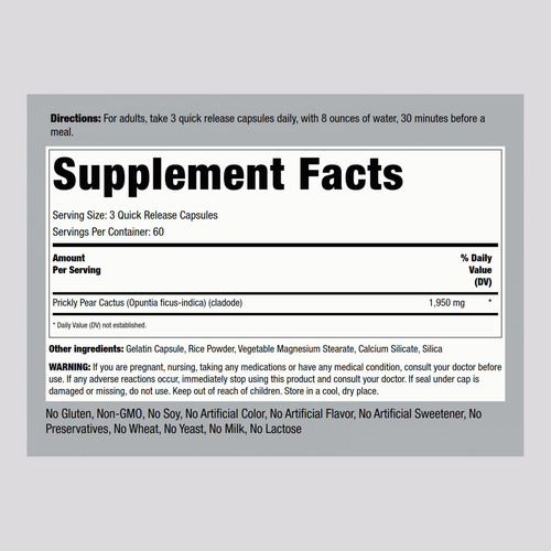 Suplemento Piping Rock Nopal Cactus Capsules 1950 Mg 180 Uni - Imagem 2