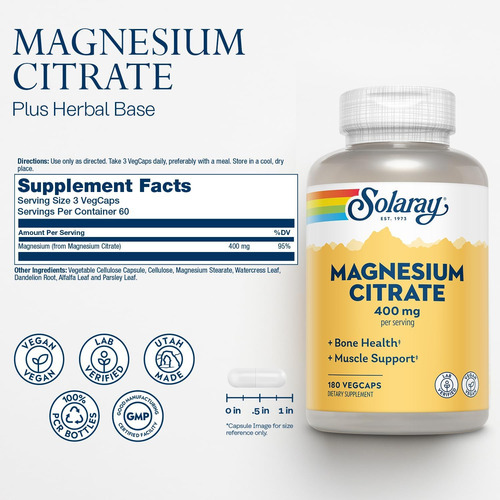 Suplemento Solaray Citrato De Magnésio, 400mg, Vegano, 18... - Imagem 2