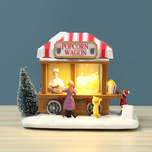Mini Cenário De Natal Resina Neve Led Carroça Vila Cidade - Imagem 3
