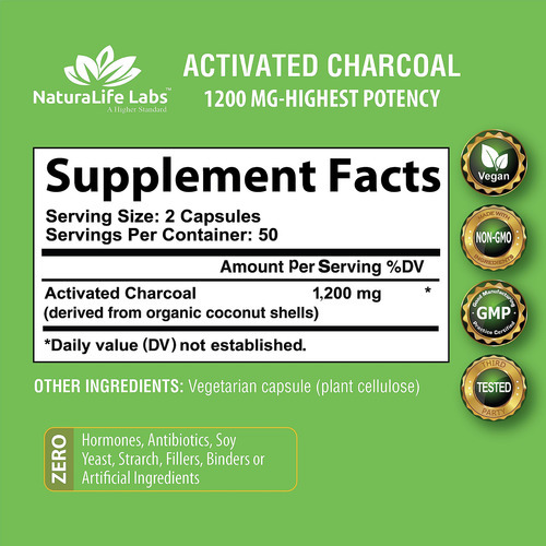 Cápsulas De Carvão Ativado Naturalife Labs 1.200 Mg 100 Vega - Imagem 2