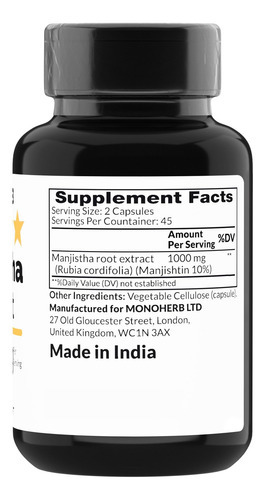 Monoherb Manjistha 1000 Mg - 90 Cápsulas Vegetarianas - Extr - Imagem 2