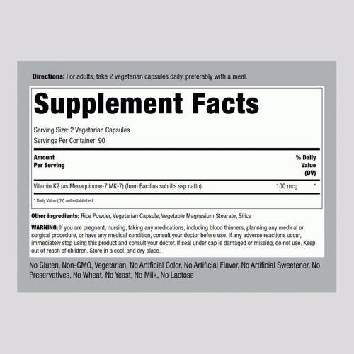 Suplemento Vitamínico Piping Rock K2 Mk7 | 100mcg | 180 Cáps - Imagem 2
